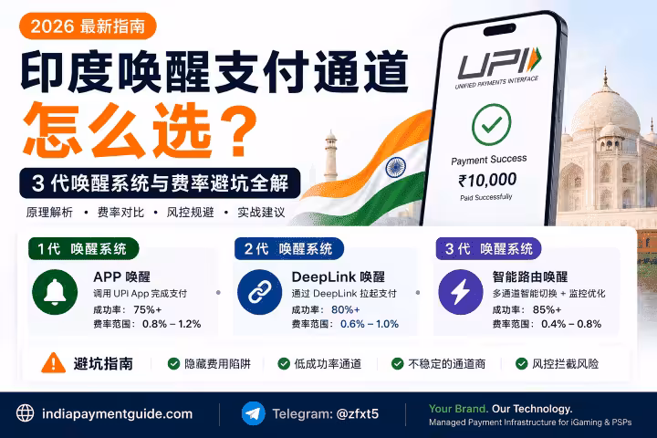 中文 Infographic 标题为 2026 最新指南: 印度唤醒支付通道 怎么选？ 展示 1/2/3 代唤醒系统、印度国旗、手机显示支付成功与 ₹10,000，以及泰姬玛哈尔等地标的对比内容。